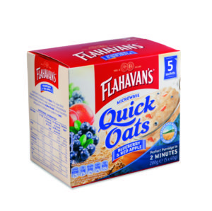 Flahavan’s Quick Oats Blueberry and Red Apple sachets come in a shelf-ready case for easy merchandising with eight packs per case