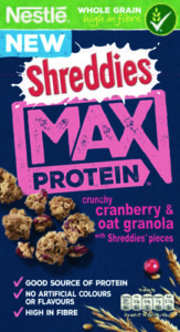 New Shreddies Max is a crunchy granola containing Shreddies pieces and protein from wholegrain wheat and oats