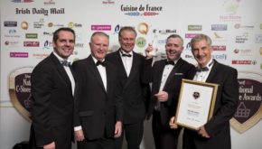 Nigel Scully of Aryzta Food Solutions, Michael Curran of DMG Media Ireland and Dermot Griffin of Premier Lotteries Ireland, present the award for National Convenience Store of the Year 2016 to Spar sales director Colin Donnelly and managing director of BWG Foods Willie O'Byrne, on behalf of the winner, Spar Little Island in Co. Cork