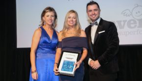 Kristin Jameson from Heavenly Tasty Organics accepts her award from Mintel's Ciara Rafferty and host Pete Snodden