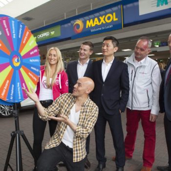 At the official launch of the newly refurbished Maxol Station at Lucan Road last Wednesday was Spin 1038’s Lauren Flanagan; Brian Lee, managing director of Freshly Chopped; Andy Chen, co-managing director of Freshly Chopped; Dave Murnane of authentic and fresh Asian restaurant Kanoodle; Maxol’s regional manager Mark Walsh, and (kneeling) DJ Ray Shah