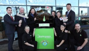Adrian Gifney, Head of Charity (left) with Fergus Finlay CEO Barnardos, Judith Gilsenan Head of Fundraising and Marketing Debra Ireland, Gill Waters Director of Fundraising ISPCC, Rosemary Begley CSR Manger and Conor Lucey, Head of Operations at Applegreen with Allegreen staff members Sue, Michelle and David