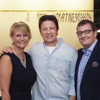 Jamie Oliver with Carolyn Hails, Innovation Director Aramark, and Lawrence Shirazian, MD with Aramark UK