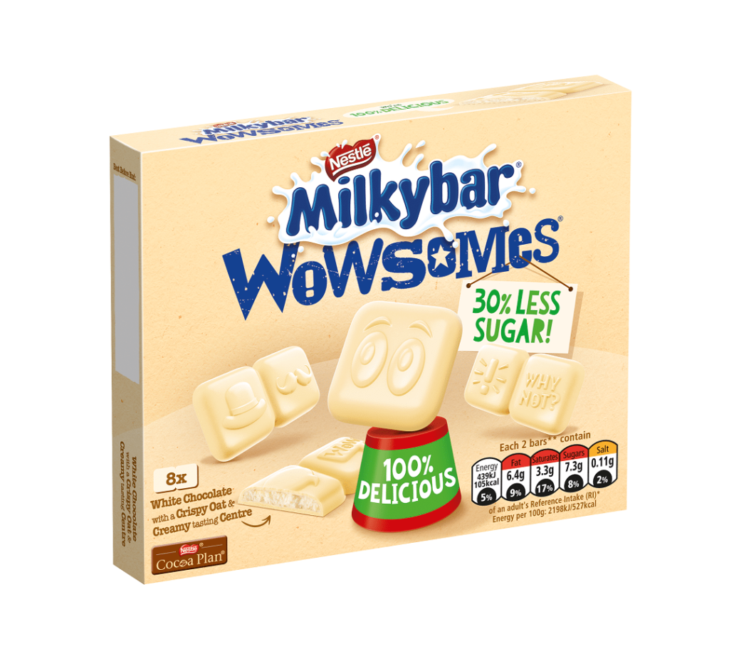 Milkybar Wowsomes contain 30% less chocolate through a pioneering new chocolate refinement technique