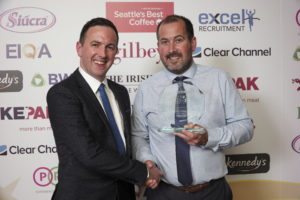 Large Supermarket Manager of the Year Ian Lynam of SuperValu, Lucan, right, with Owen Clifford, head of retail convenience, Bank of Ireland