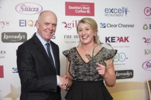 Small CStore Manager of the Year Niamh O'Grady, with Liam Kavanagh, managing director, The Irish Times 