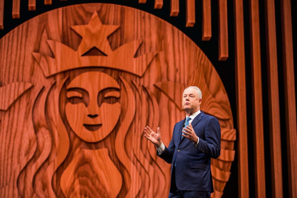 Kevin Johnson, Starbucks CEO, speaks at the Starbucks Annual Meeting of Shareholders in March