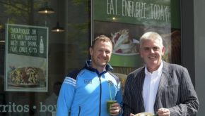Comedian PJ Gallagher and Freshii CO Dave O’Donoghue at the launch of Mission Green in Freshii. Pic: Michael Chester