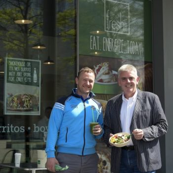 Comedian PJ Gallagher and Freshii CO Dave O’Donoghue at the launch of Mission Green in Freshii. Pic: Michael Chester