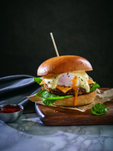 The ‘Brunch build’ serves up a toasted brioche bun, Fully Cooked Sausage Pattie, spinach, cheese slice, poached egg and hollandaise sauce