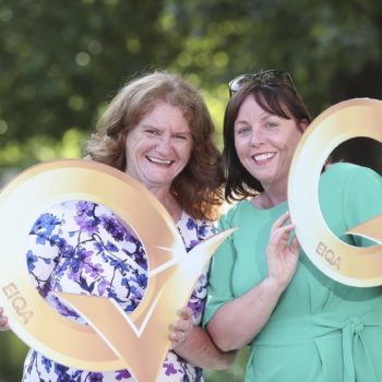 Irene Collins, Managing Director of EIQA pictured with Collette Brennan, Marketing Manager of eTravel at the announcement that eTravel and Virgin Atlantic will sponsor The National Q Mark Awards 2018
