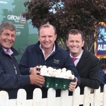 Announcing the new deal at the 2018 National Ploughing Championships are Paul Scally, buying director, Aldi Ireland; Leslie Codd, managing director of Codd Mushrooms, and Andrew Doyle, Minister of State for Food, Forestry and Horticulture
