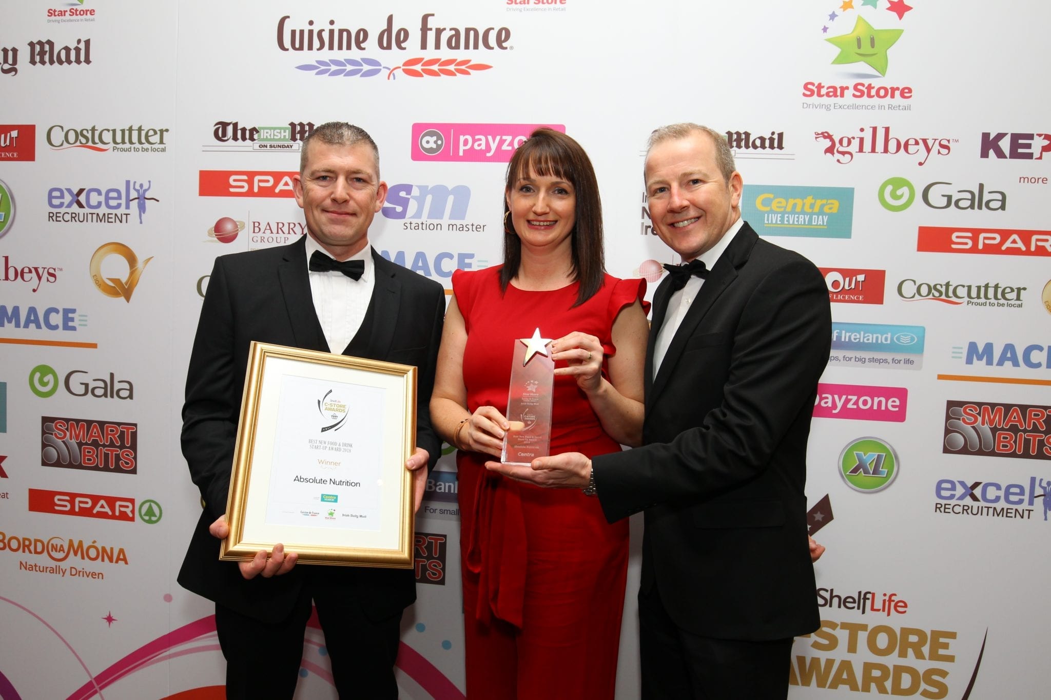 James Davey and Jo Davey of Absolute Nutrition accept the award for Best New Food and Drink Start-up 2019, presented by Dan Curtin, sales director, Centra