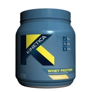 Each scoop of Kinetica Whey Protein Powder is low in sugar and contains 23g of protein per serving and 5.7g of BCAAs