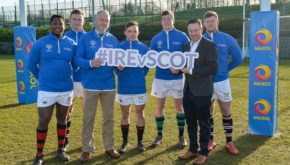 Maxol CEO Brian Donaldson pictured with Trevor Ringland and members of the Ireland Student Squad ahead of its clash with its Scottish counterparts at Queen’s University Belfast