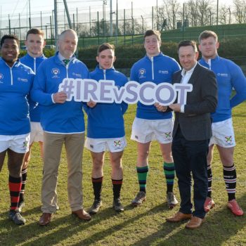 Maxol CEO Brian Donaldson pictured with Trevor Ringland and members of the Ireland Student Squad ahead of its clash with its Scottish counterparts at Queen’s University Belfast