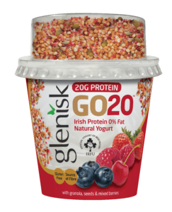 Glenisk’s new GO20 high-protein yogurt and granola cup contains 20g of protein per serving