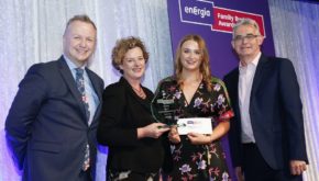 Aoidin and Andrea Crowley (Waterford) of Dawn Meats, winners of the Energia “Family Business of the Year” and “Sustainable Family Business of the Year” with Gary Ryan MD of Energia and host. Today FM's Matt Cooper