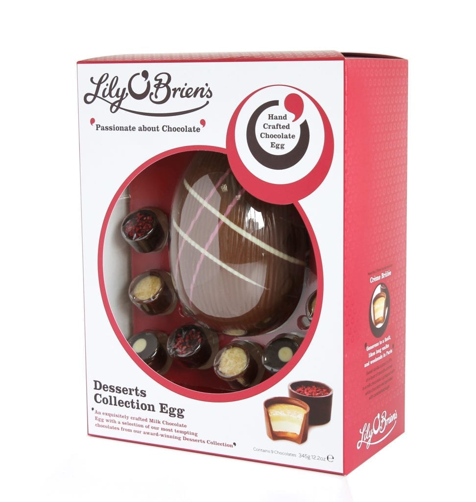 Lily O’Brien’s Desserts Chocolate Easter egg (RRP €15) is accompanied by nine chocolates from the Desserts collection, inspired by classic dessert recipes from around the world