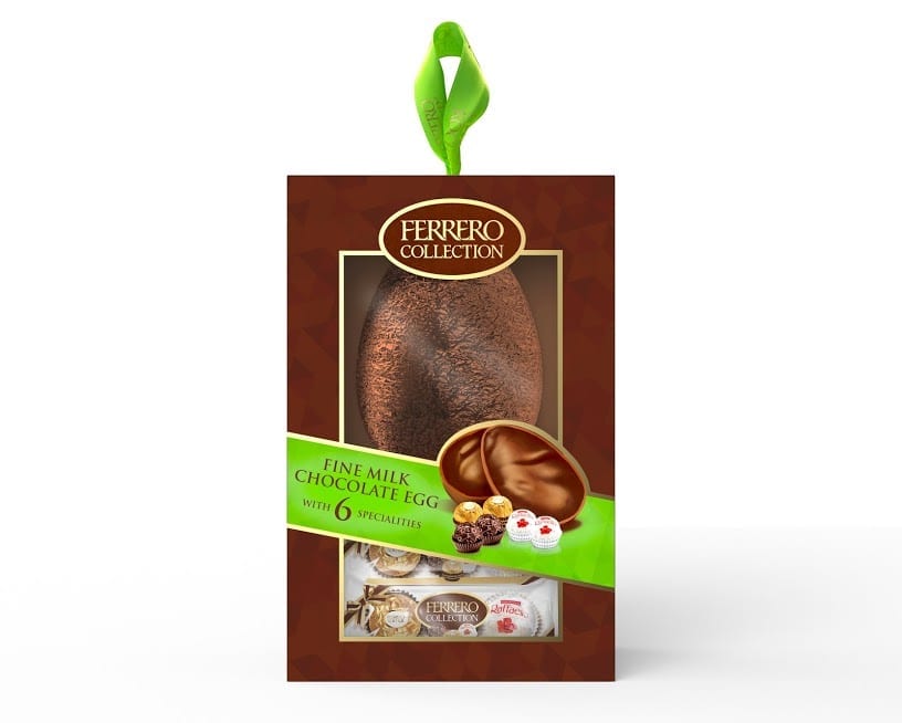 The milk chocolate shell of the Ferrero Collection Egg (240g), is complimented with six Ferrero Collection chocolates (Ferrero Rocher, Ferrero Rondnoir and Raffaello)