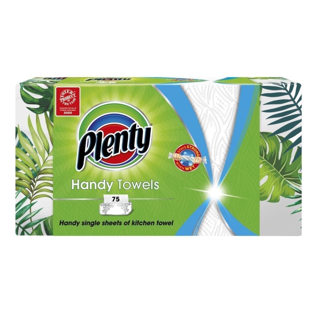  With convenient single sheets of kitchen towel, new Plenty Handy Towels are specially designed for quick, one-handed dispensing, no matter where the mess is