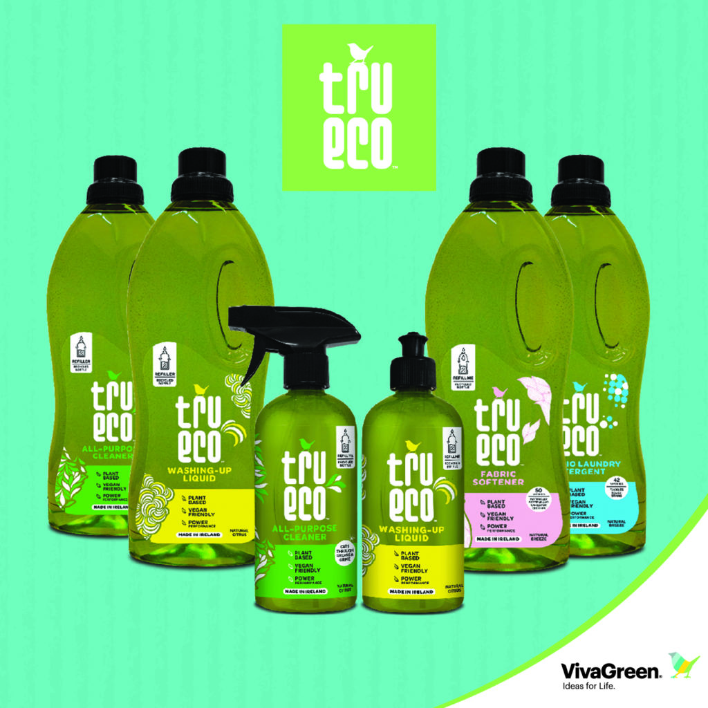 The Tru Eco range includes All Purpose Cleaner (500ml and 1.5L), Washing-Up Liquid (500ml and 1.5L), Non-Bio Laundry Detergent (1.5L) and Fabric Conditioner (1.5L)