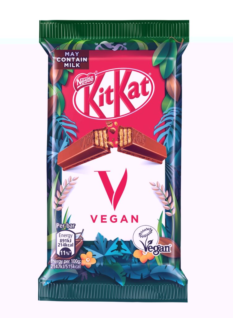 Certified vegan by the Vegan Society, KitKat V uses 100% sustainably sourced cocoa independently certified by the Rainforest Alliance