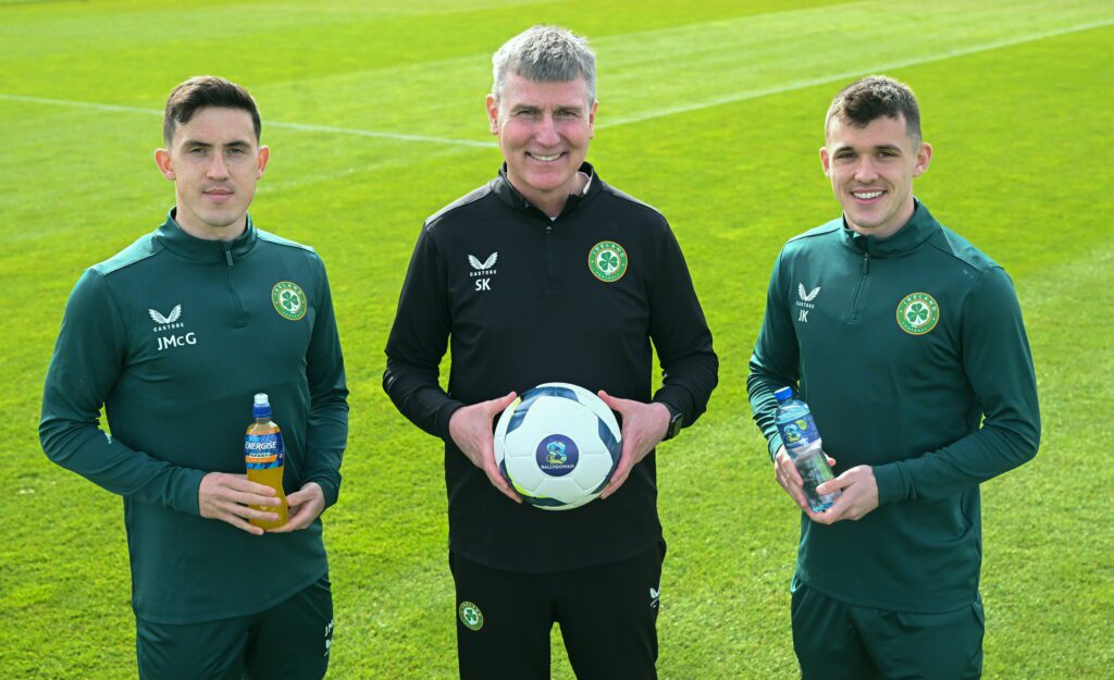Republic of Ireland manager Stephen Kenny with Jamie McGrath, left, and Jason Knight, right, during the launch of the Britvic/FAI partnership